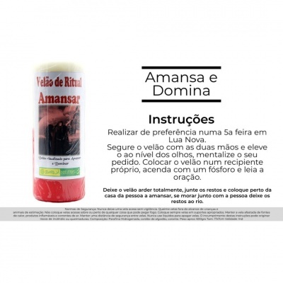 Vela branca com rótulo 'Velão de Ritual Amansar' e instruções de uso em português
