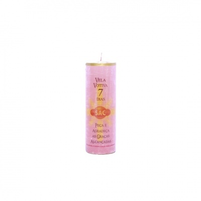 vela votiva rosa com texto dourado e preto 7 dias