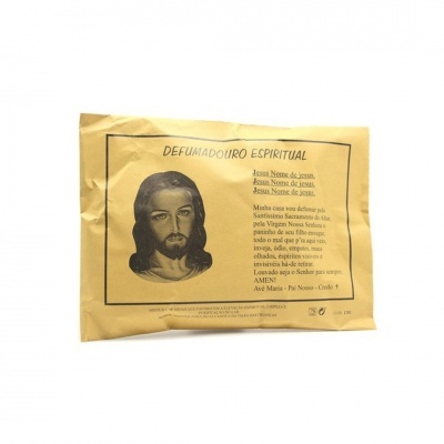 Pacote amarelo de Defumadouro Espiritual com imagem de Jesus e texto religioso