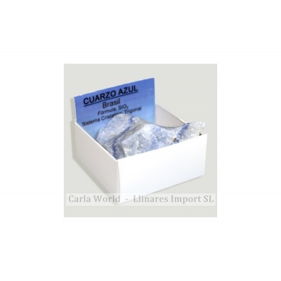 Pedra de quartzo azul embalada com cartão azul de identificação