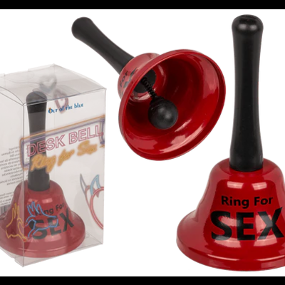 Campainha vermelha com texto Ring For SEX e caixa plástica