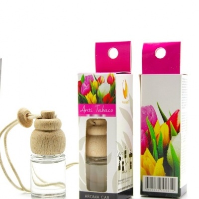 Frasco de vidro com tampa de madeira e embalagem com tulipas e texto Anti Tabaco.