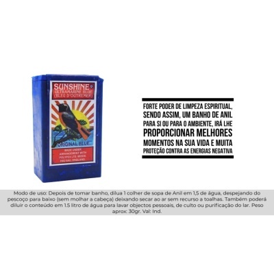 Caixa azul de produto com texto em português e etiqueta vermelha SUNSHINE ORIGINAL BLUE