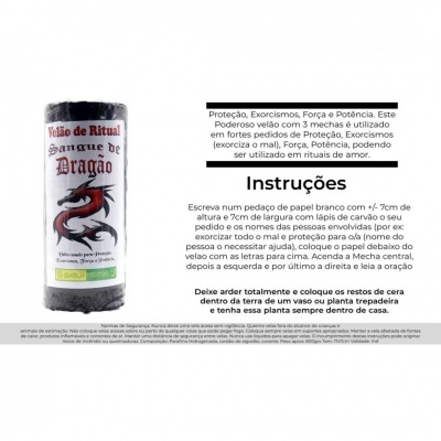 Vela de Ritual Sangue de Dragão com instruções em papel ao fundo