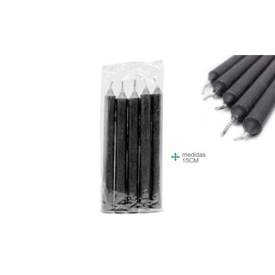 Cinco velas pretas em embalagem transparente com indicação de comprimento 15CM