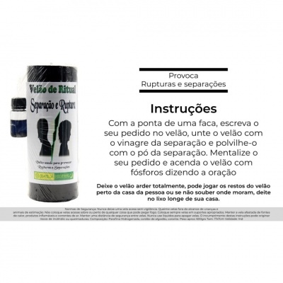 Conjunto de velas de ritual em embalagem preta com instruções em português para separação e ruptura