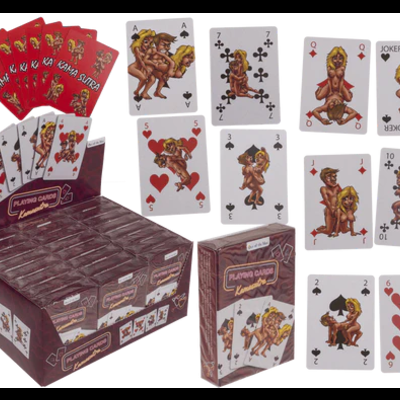 Jogo de cartas com ilustrações eróticas e embalagem de cartão castanha