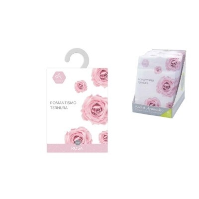 Caixa de sachês aromáticos com rosas cor-de-rosa e texto ROMANTISMO TERNURA ROSA