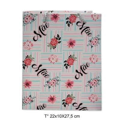 Caderno decorado com flores e texto 'Mãe' em fundo de listras azuis e brancas