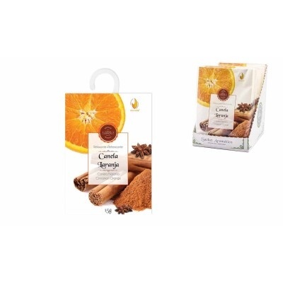 Embalagens de sachês aromáticos canela e laranja com imagens dos ingredientes e texto