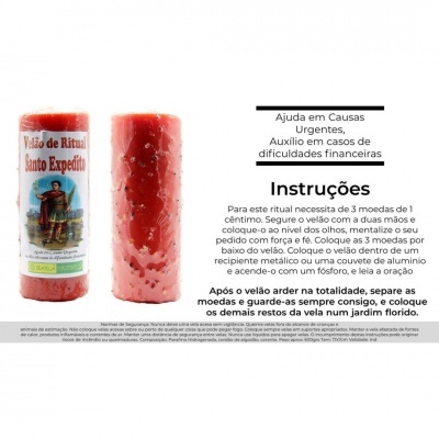 Duas velas rituais vermelhas com texto e instruções em português.