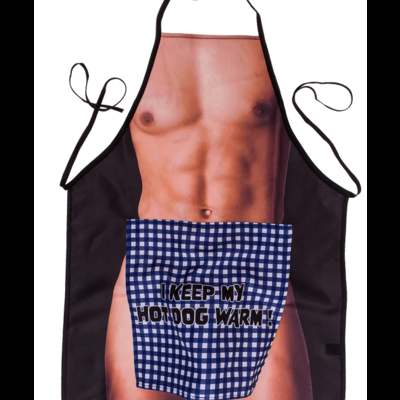 Avental de cozinha com imagem de corpo masculino nu e texto humorístico
