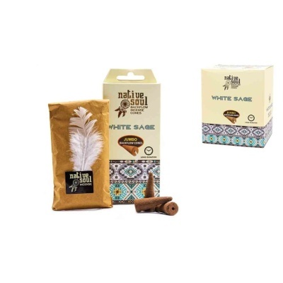 Conjunto incenso Native Soul White Sage com cones e embalagem em tecido castanho e cartão