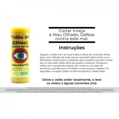 Vela amarela ritual contra inveja com texto e ilustração de olho grande