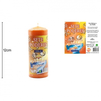 Vela laranja 'Sete Poderes' com embalagem colorida e texto em português