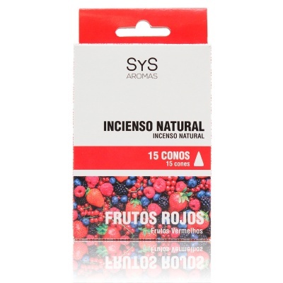 Embalagem branca e vermelha de incenso natural com 15 cones, marca SY.S AROMAS, fragrância frutos vermelhos.