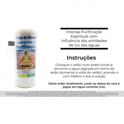Vela branca de ritual com rótulo em português e instruções de uso