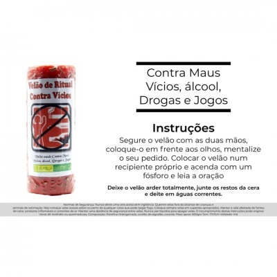 Velão ritual contra vícios com etiqueta de instruções em português