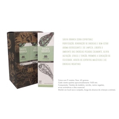 Embalagem de incenso com design branco e verde com ilustrações de folhas