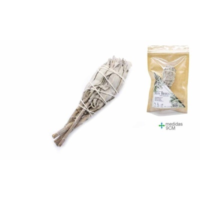Sais branca seca amarrada e embalada com etiqueta branca e medidas 9CM