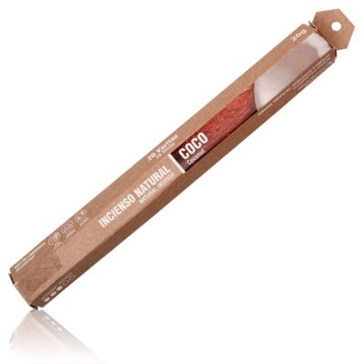 Embalagem rectangular castanha de incenso natural de coco com texto branco