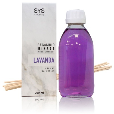 Recarga Mikado lavanda com embalagem branca e líquido roxo
