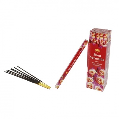 Caixa vermelha de incensos Rosa Vermelha com bastões negros