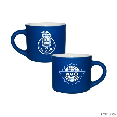 Duas canecas azuis com interior branco, uma com emblema FCP e outra com texto MAIOR AVÔ PORTISTA