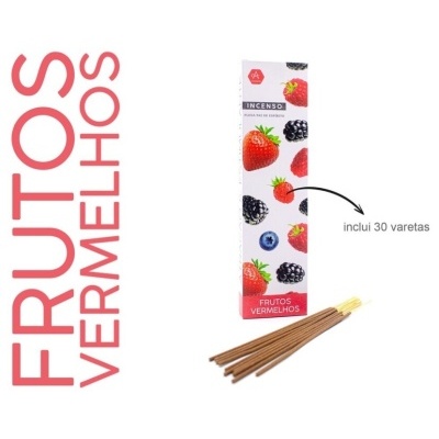 Incenso frutos vermelhos com 30 varetas e caixa branca ilustrada com frutas vermelhas