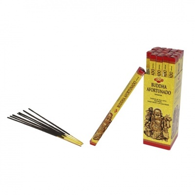 Embalagem amarela e vermelha de incenso Buddha Afortunado com varetas e ilustração do Buda