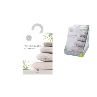 Embalagem branca com pedras empilhadas e texto TRANQUILIZADOR RELAXANTE