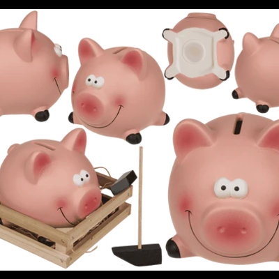 Mealheiro em forma de porco cor-de-rosa com sorriso e caixa de madeira