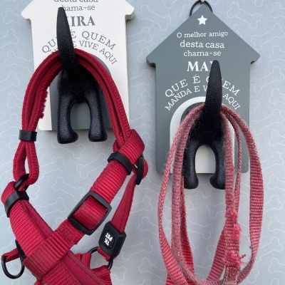 Suportes de parede em forma de casa com trelas e peitorais vermelhos para cães pendurados