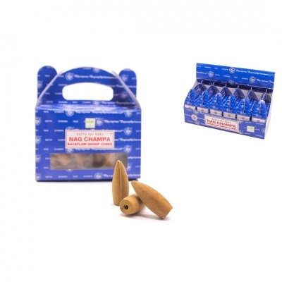 Caixa azul de incenso Nag Champa em cone castanho