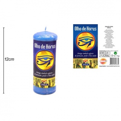 Vela azul Olho de Hórus com símbolo egípcio e texto em rótulo colorido