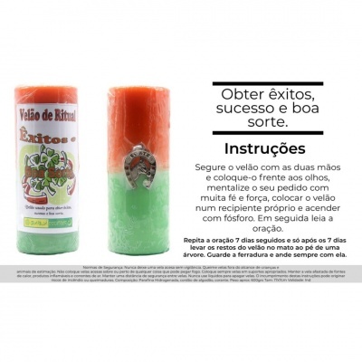 Velão de rituais laranja e verde com ferradura metálica e instruções em português.