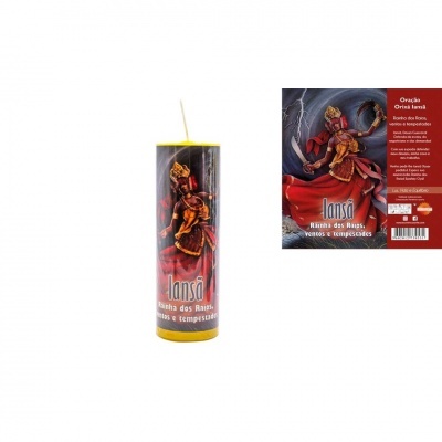 Vela com rótulo de Iansã, arte em branco, vermelho e preto