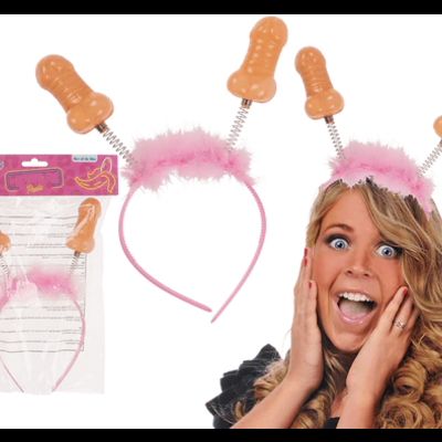Conjunto de tiaras rosa com penugem e apitos em forma de pênis cor bege claro