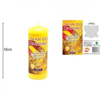 Vela amarela Íman do Dinheiro com etiqueta de moedas douradas
