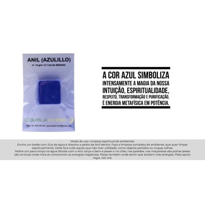 Pacote com cristal azul ANIL e folheto explicativo em português.