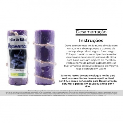 Duas velas roxas embaladas com cordão e instruções em fundo branco