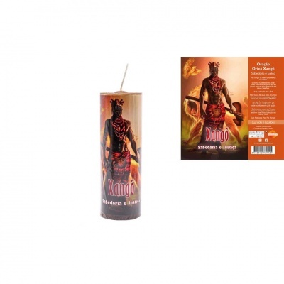 Vela decorativa com imagem de Xangô e embalagem com oração em português