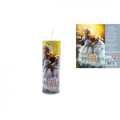 Vela decorativa Oxalá com imagem de senhora em vestido azul e branco