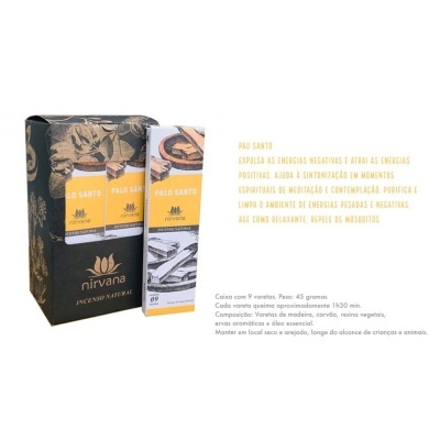 Caixa e embalagens de incenso natural Nirvana Palo Santo em fundo branco