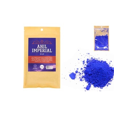 Pacote de Anil Imperial em pó e pó azul intenso espalhado e em saco plástico