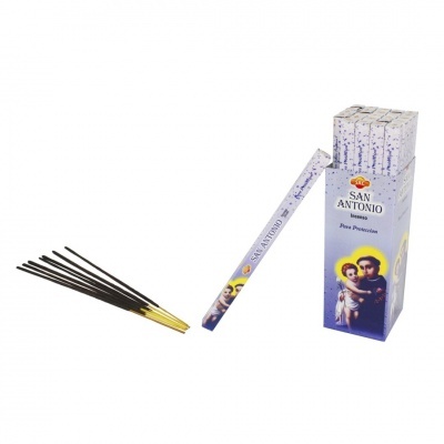 Incenso SAN ANTONIO com imagem de São António e Menino Jesus, varetas negras e embalagem azul e branca