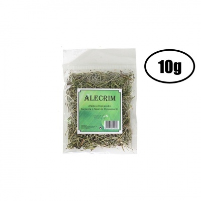 Pacote transparente com alecrim seco e etiqueta verde, peso 10g