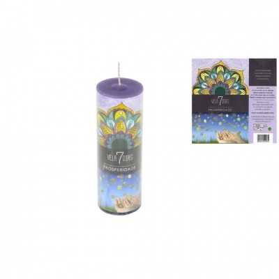 vela roxa com rótulo 'VELA 7 DIAS PROSPERIDADE' e embalagem colorida com mandala