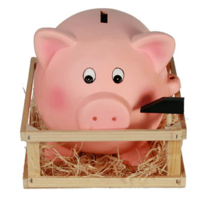 Mealheiro porco cor-de-rosa numa caixa de madeira com palha
