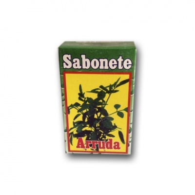 Embalagem de sabonete verde com planta e texto Sabonete Arruda